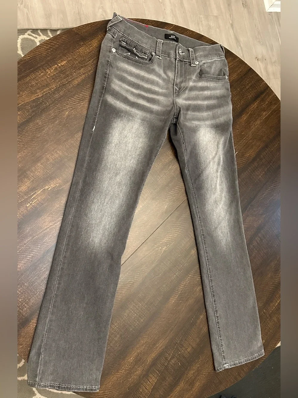 True Religion Mens Size 31x33 Ricky Big T Flap Relaxed Straight Jeans Gray Denim